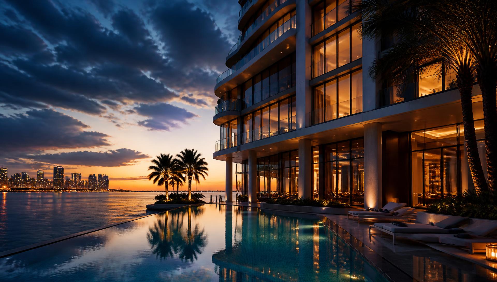 Waterfront residential tower at dusk with an infinity pool