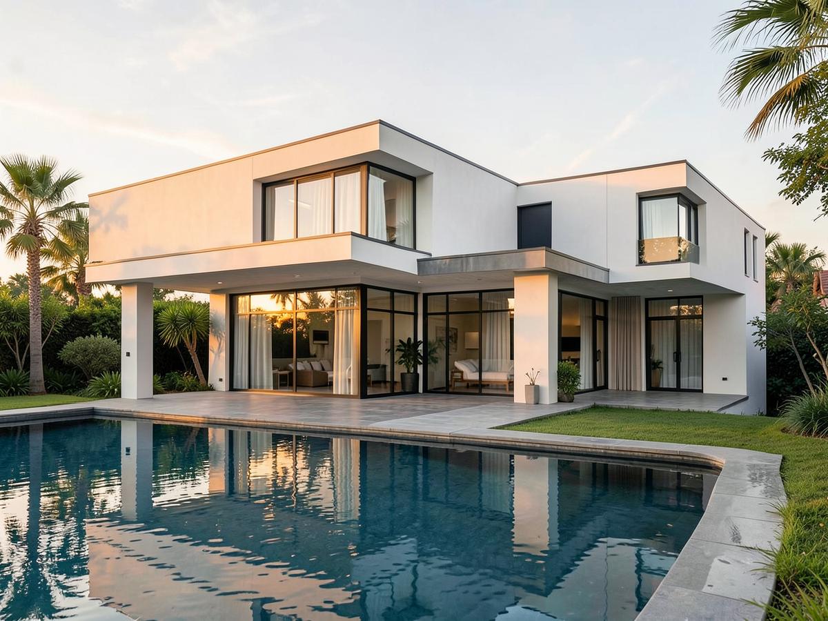 Contemporary villa with pool at golden hour